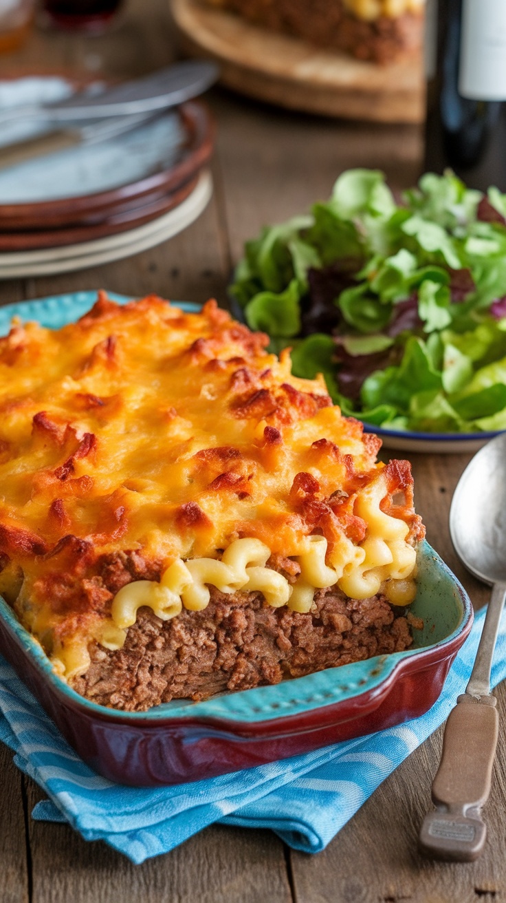 Cheesy Mac And Cheese Meatloaf Casserole topped with melted cheese, served in a rustic dish, accompanied by a salad.